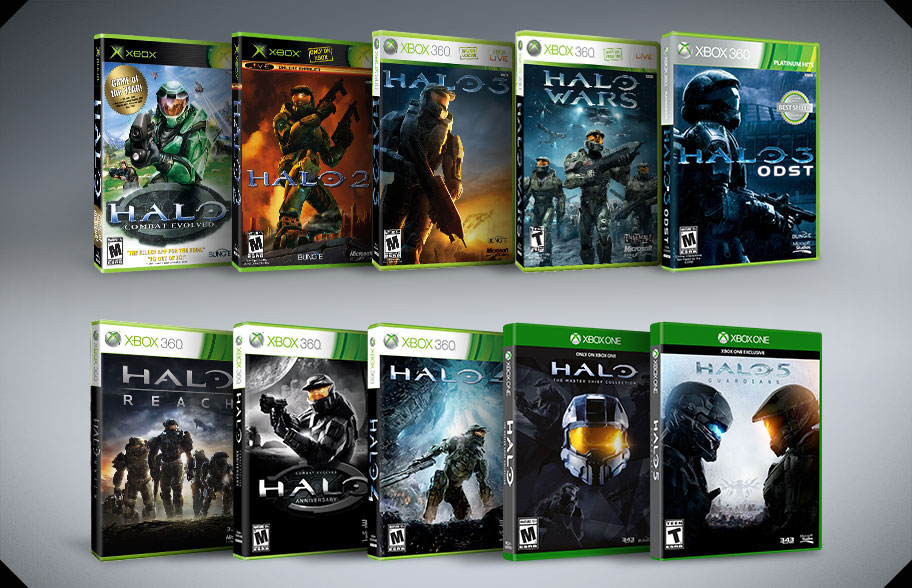 Package designs for 10 Halo Xbox video games