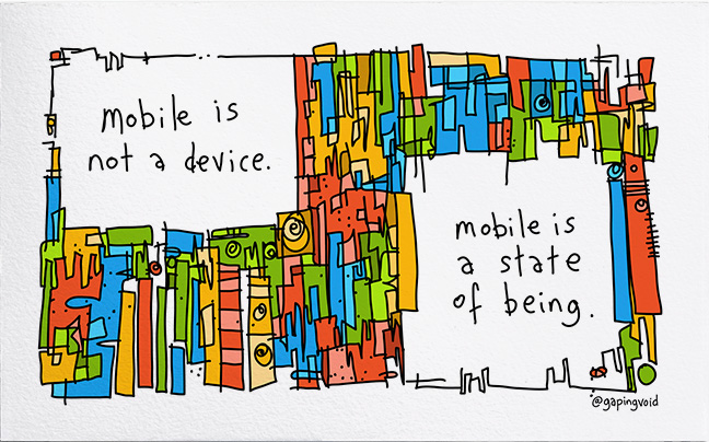 Hugh Macleod Illustrated Business Card: Mobile is a state of being.