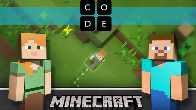 Still from Minecraft, featuring pixelated characters and logos for Minecraft and Code.org as part of the Hour of Code project