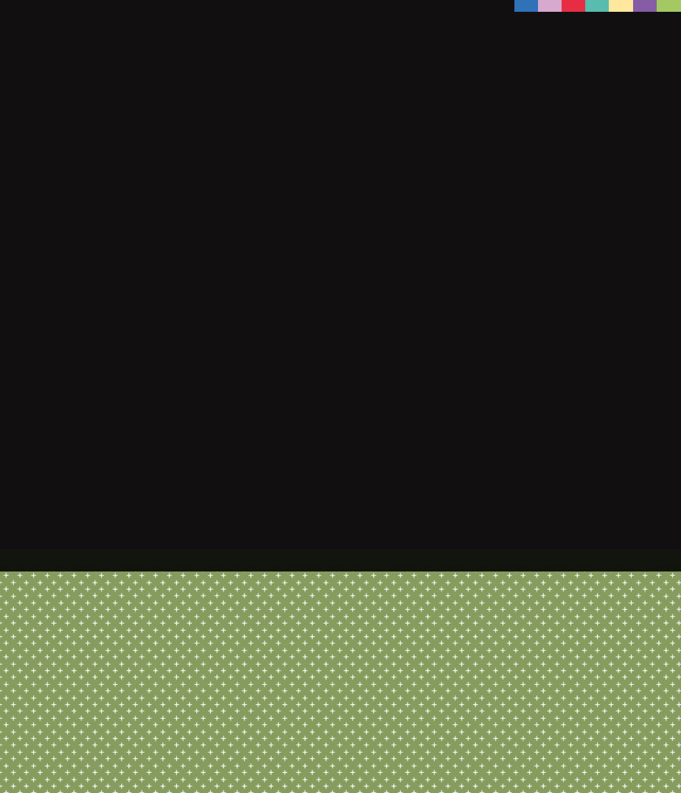 A mostly black image with a green section with white polka dots at the bottom. Five small, solid color rectangles (blue, red, white, yellow, green) are lined up near the top right corner.