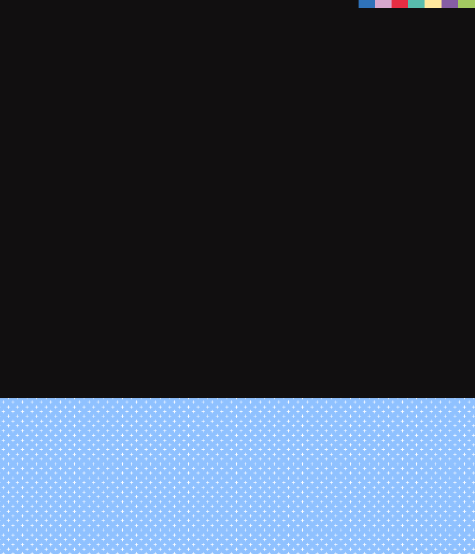 A mostly black image with a small row of colored rectangles in the top right corner and a blue section with white polka dots across the bottom.