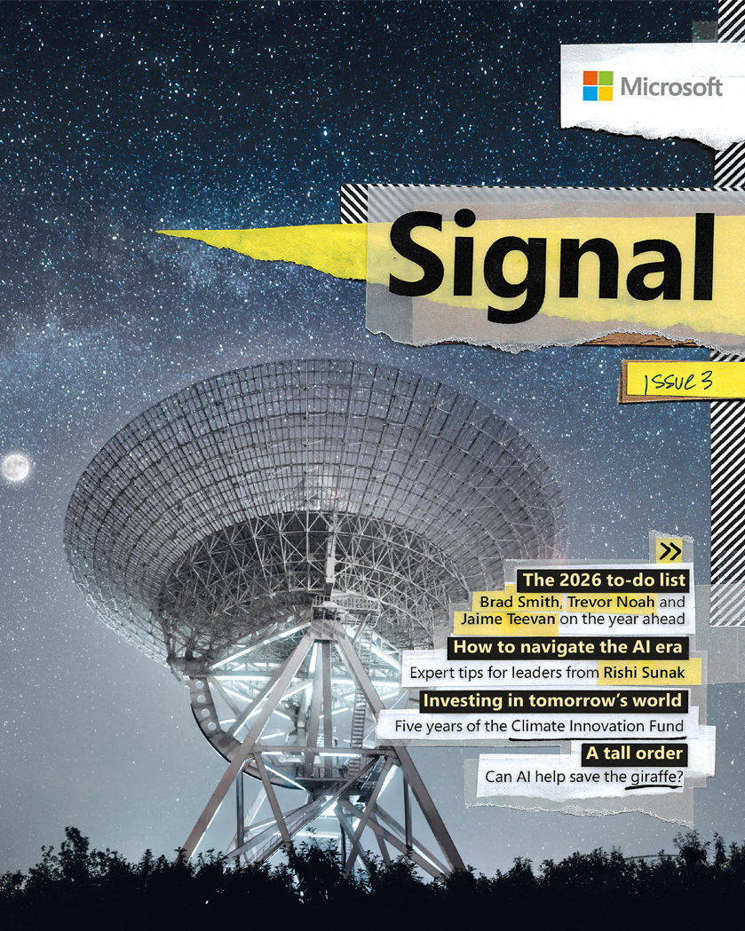 A magazine cover titled "Signal" features a large radio telescope dish against a starry night sky. Various article headlines are listed, and the Microsoft logo appears in the top right corner.