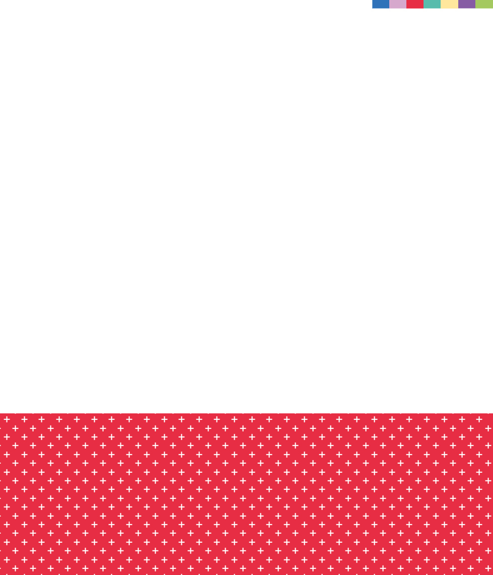 A white background with a red section at the bottom patterned with small white crosses. In the top right corner, there are slim vertical rectangles in blue, red, green, and yellow.