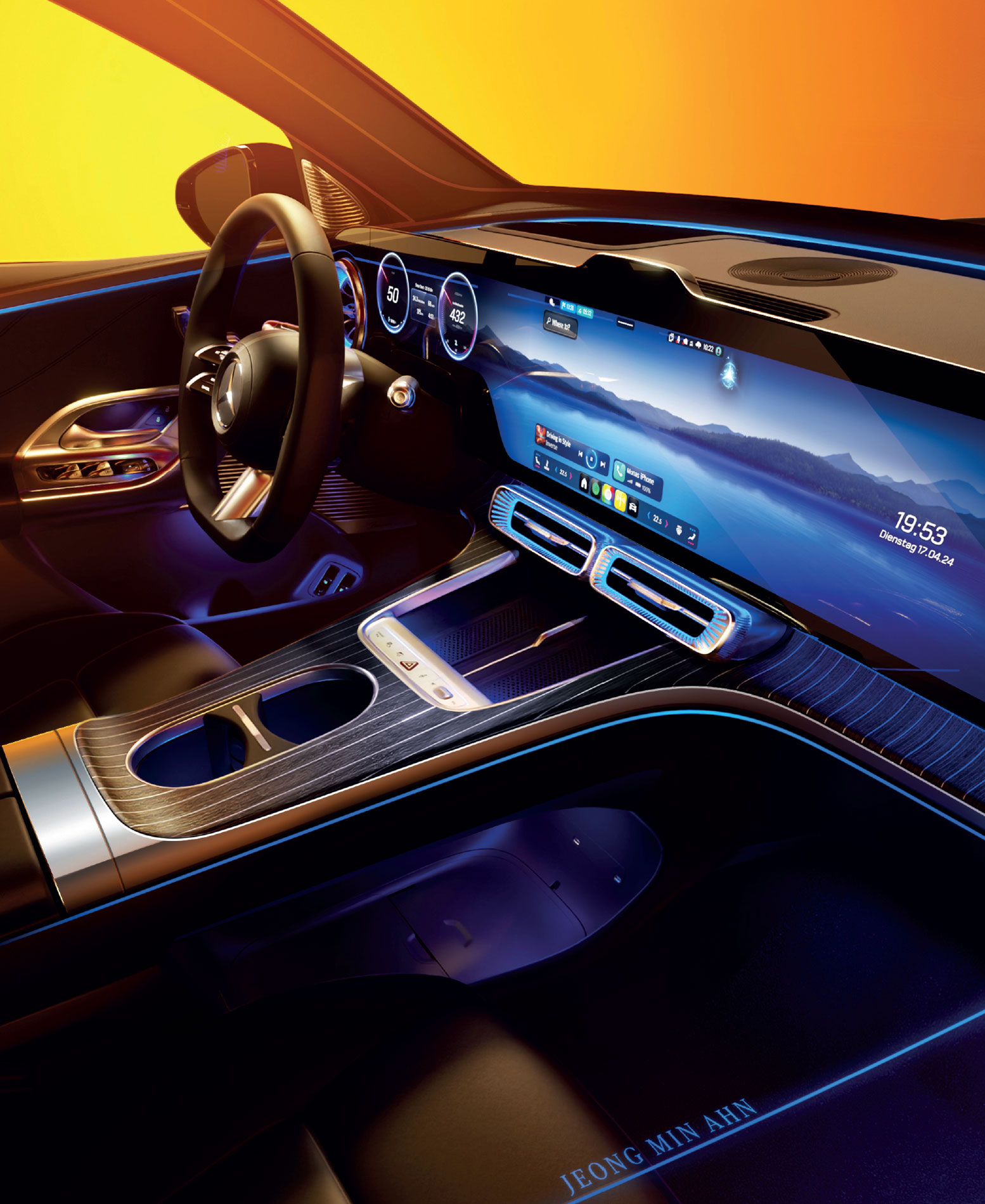 A futuristic car interior with ambient blue lighting, a sleek dashboard, digital displays, and a large curved touchscreen showing navigation and controls, all set against a warm yellow-orange background.