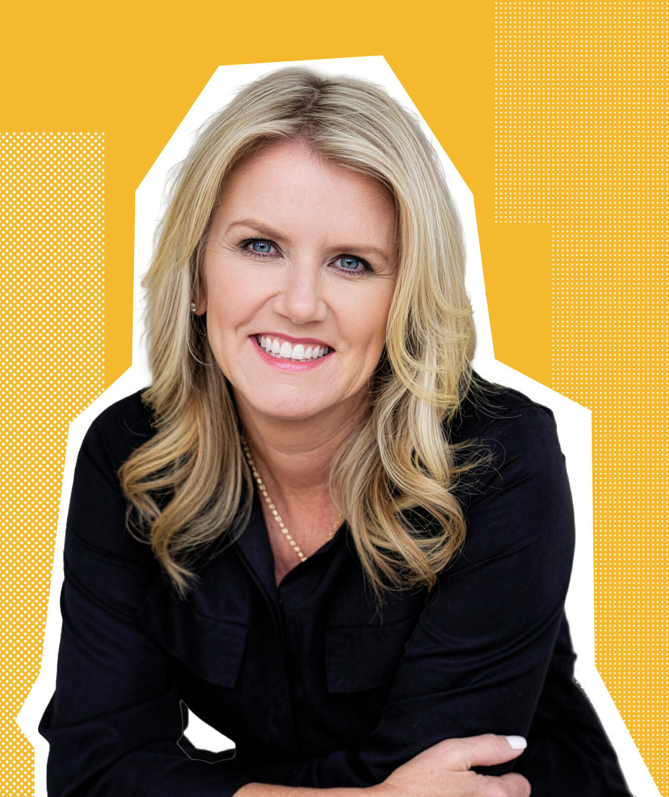 A woman with long blonde hair and a black shirt smiles at the camera. The background is yellow with white outlines framing her.