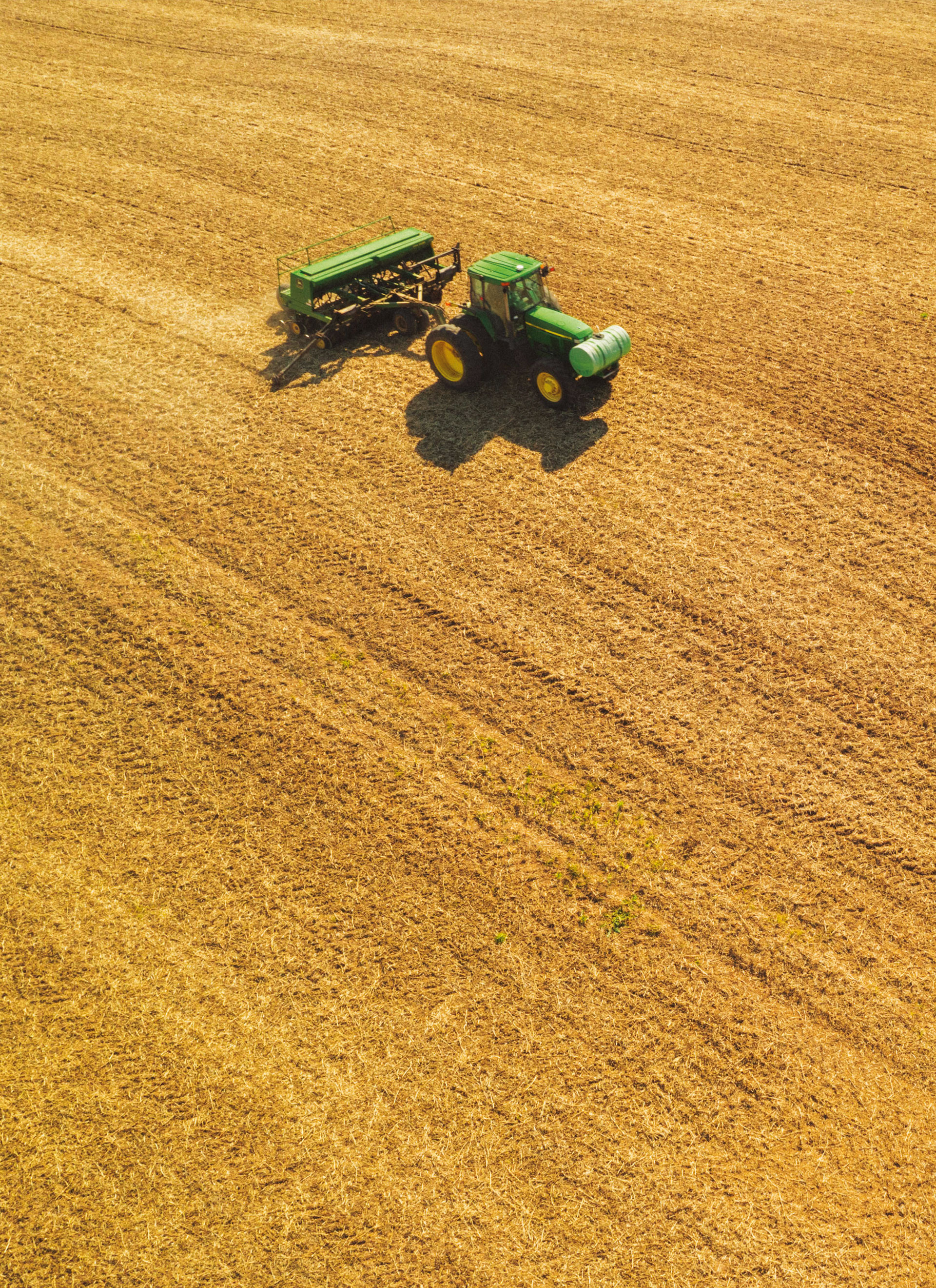 A green tractor pulls farming equipment across a vast, golden brown field under bright sunlight, creating parallel lines in the soil.