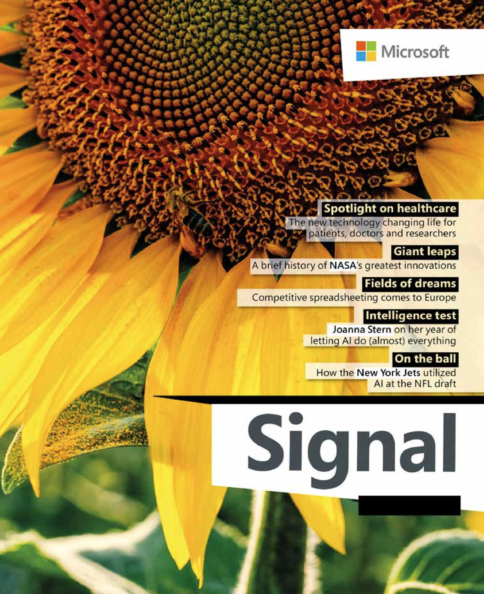 Close-up of a blooming sunflower with a Microsoft logo, "Signal" magazine title, and article headlines about healthcare, NASA, AI, spreadsheets, and football featured in white and yellow text on the cover.