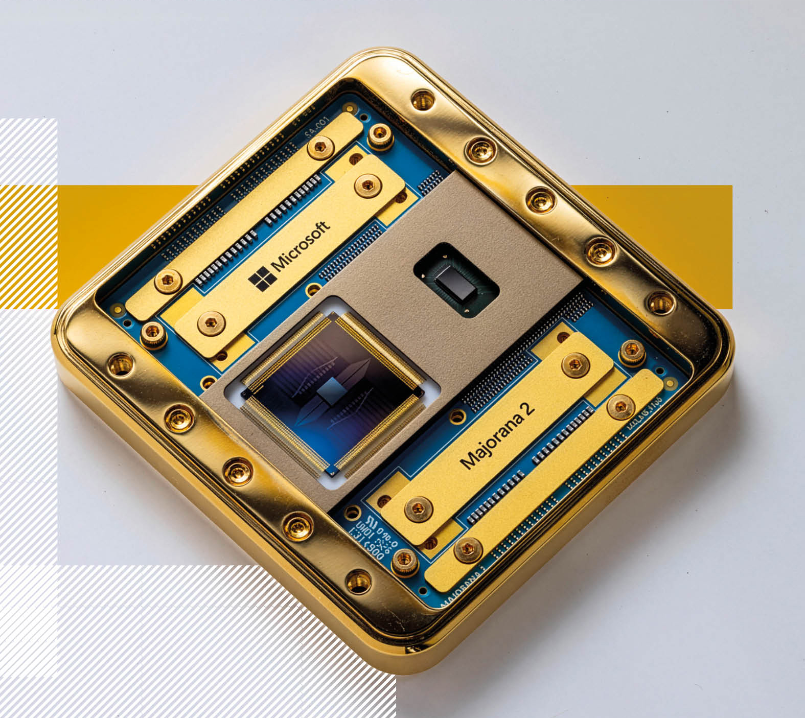 A gold-trimmed electronic processor board labeled “Microsoft” and “Majorana 2” featuring integrated chips on a blue base.