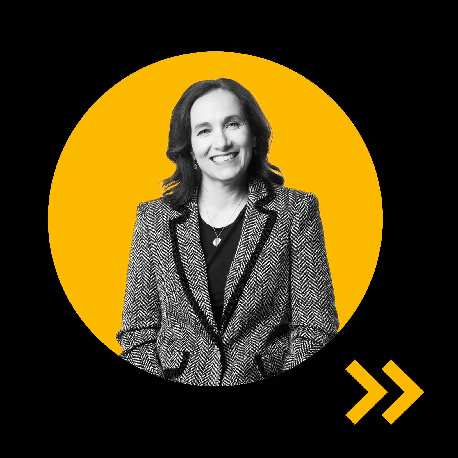 Hayette Gallot smiling in a patterned blazer, centered in a yellow circle against a black background.