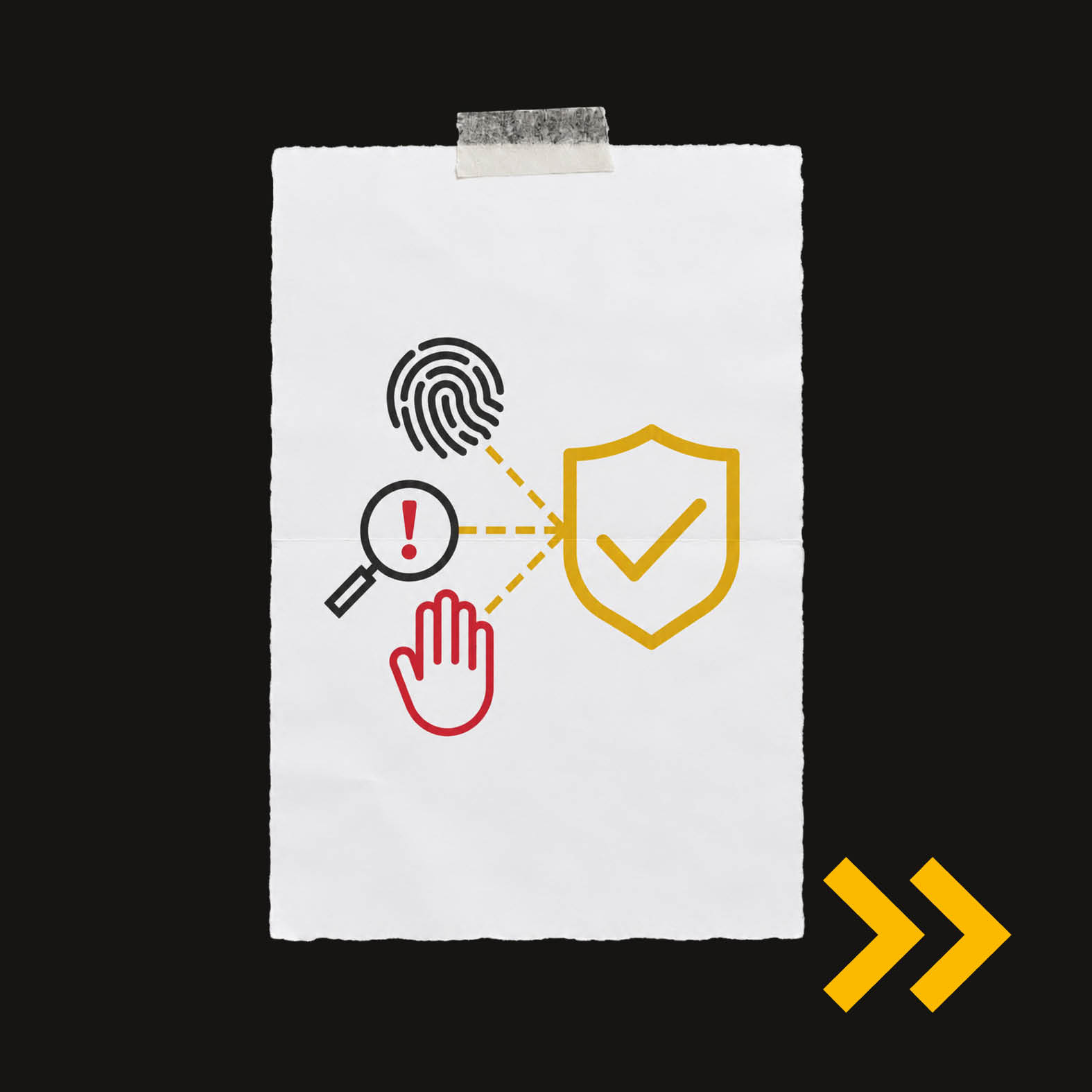 A piece of torn paper from the Microsoft Digital Defense Report displays icons of a fingerprint, a magnifying glass with an exclamation point, and an open hand, all connected by dashed lines to a shield with a checkmark.