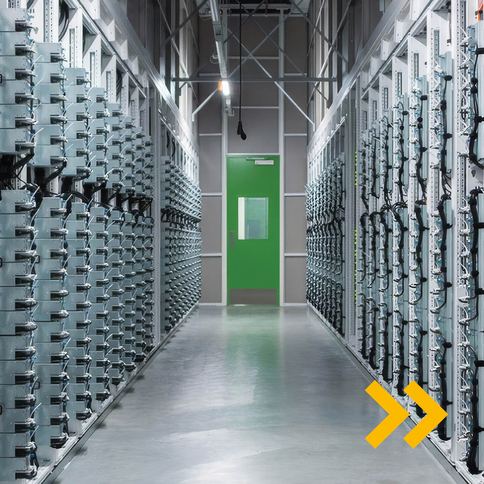 A corridor between rows of server racks leading to a green door, with a yellow double-arrow graphic in the foreground representing cloud security.