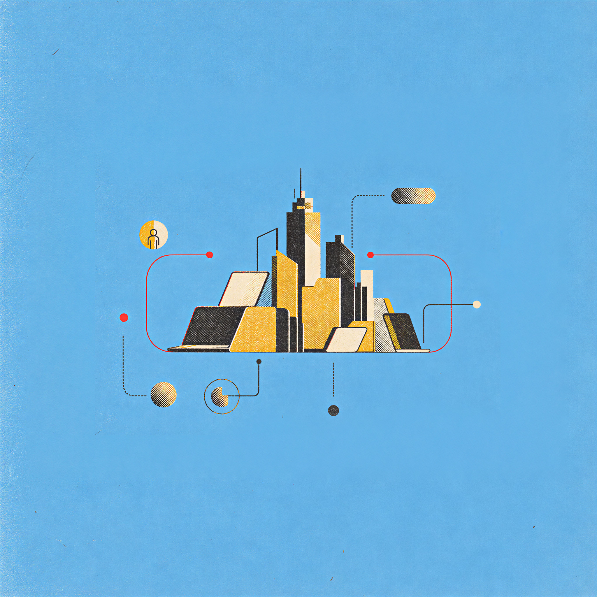 A stylized illustration of a city skyline formed by interconnected laptops and tablets, surrounded by abstract geometric icons and lines against a blue background.