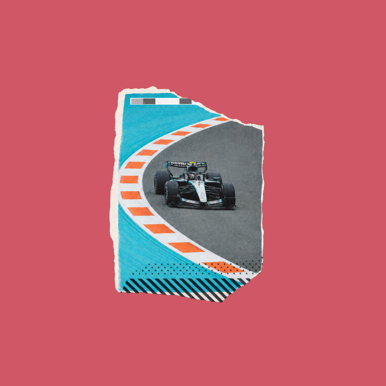 A Formula One AI car drives along a curved track on a torn paper cutout set against a solid pink background.