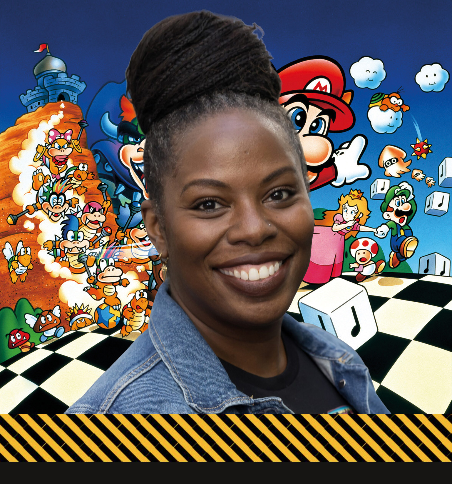A woman smiling in front of a collage featuring Mario, Luigi, Princess Peach, and other Super Mario characters.