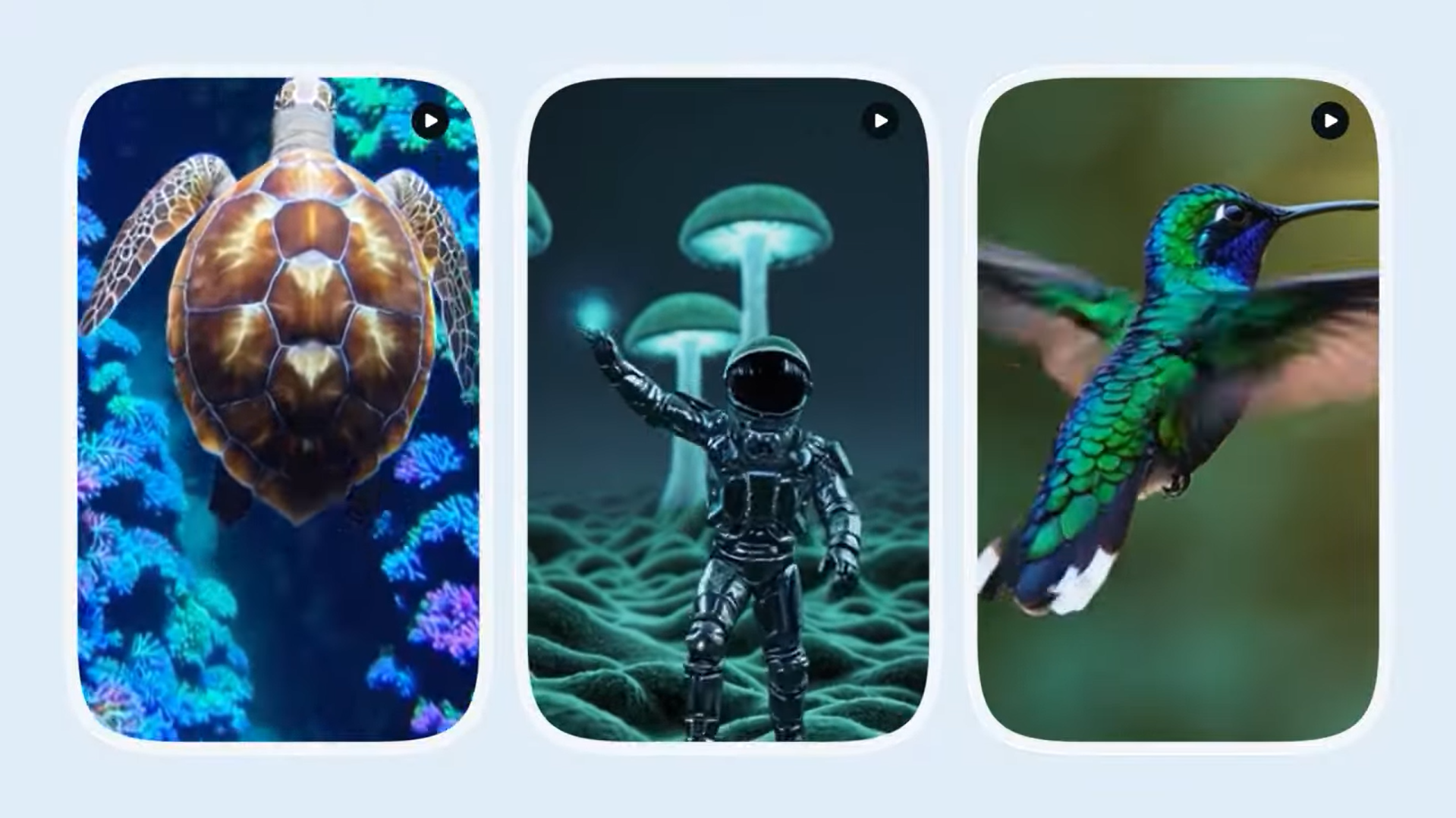 On the left, a turtle swims through the ocean. In the middle, a tiny astronaut explores a mushroom planet. On the right, a hummingbird flaps its wings.