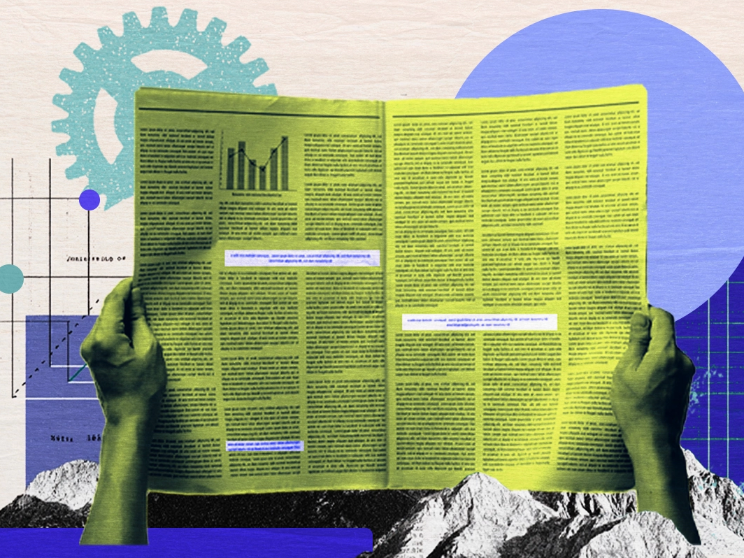 Stylized collage of green-tinted hands holding a yellow-paged newspaper with dense text and a small bar graph. The background blends analog and digital elements—gears, grids, charts, and mountain imagery—alongside abstract blue and purple shapes, suggesting themes of data, media, and technology.