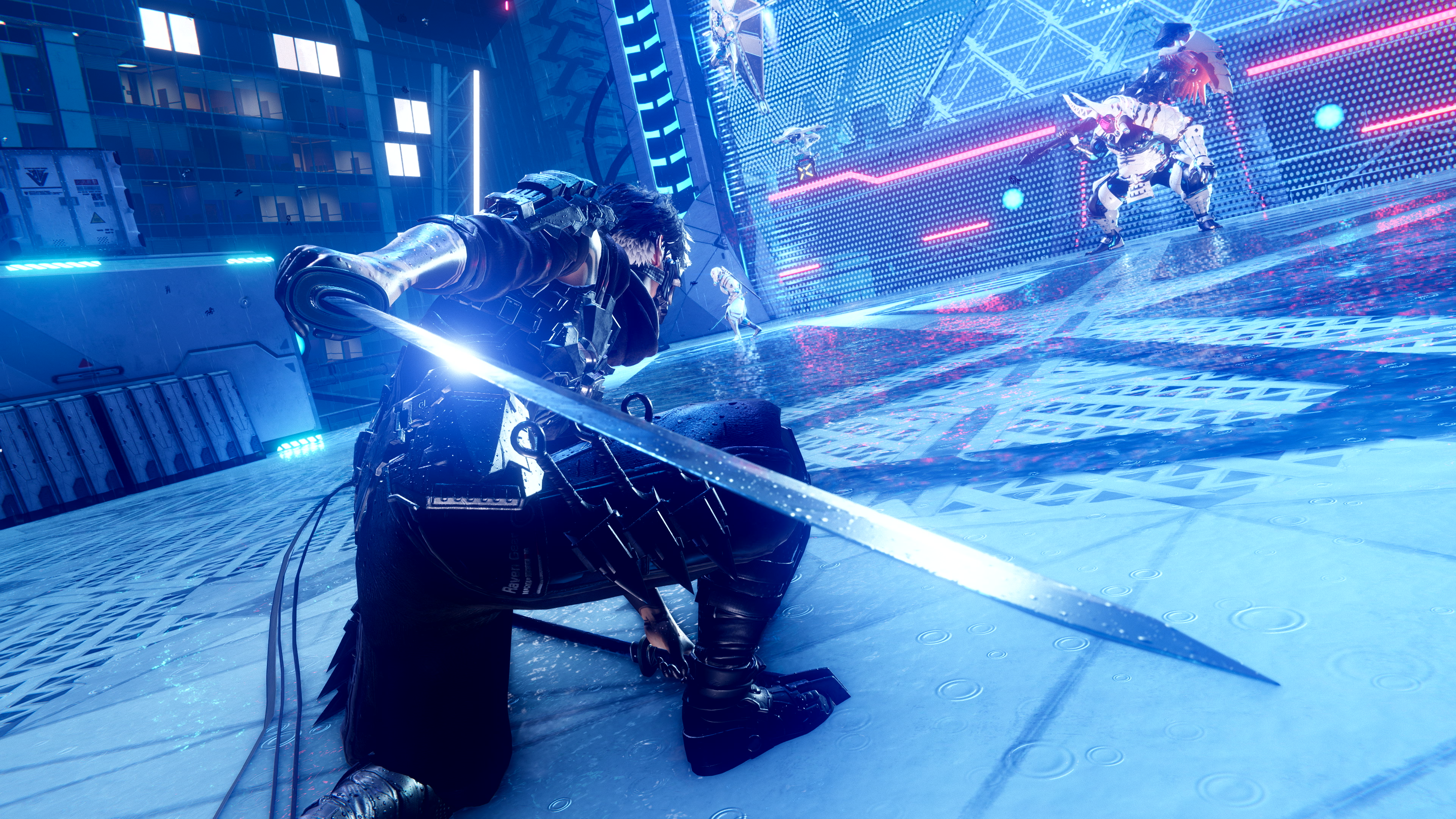 A screengrab of a video game. A male character kneels holding a large sword.