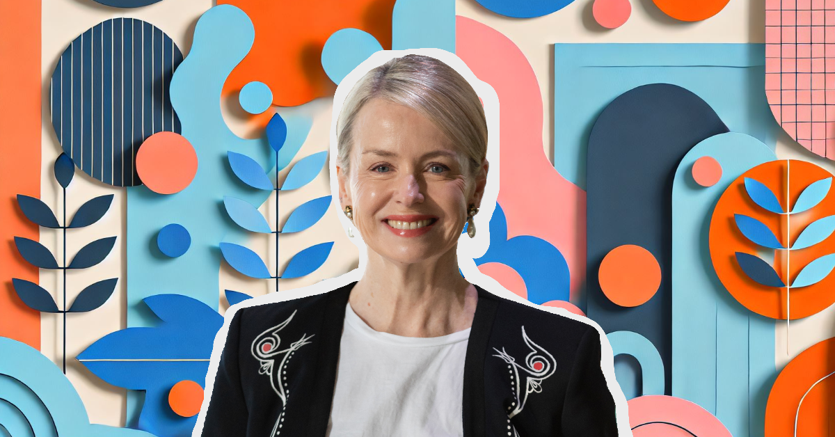 Smiling photo of Virginia Briggs in front of a vibrant, geometric-patterned background.