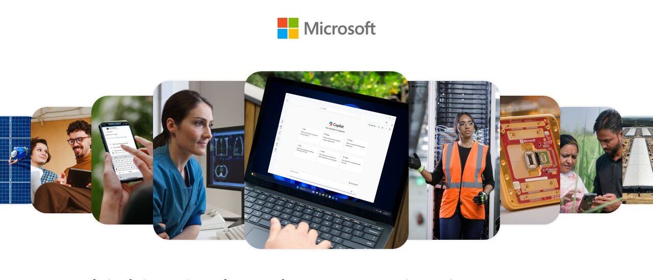 Collage of people using tech across industries—solar, healthcare, manufacturing, and AI—under the Microsoft logo. Slogan reads: “Thinking in decades, executing in quarters.”