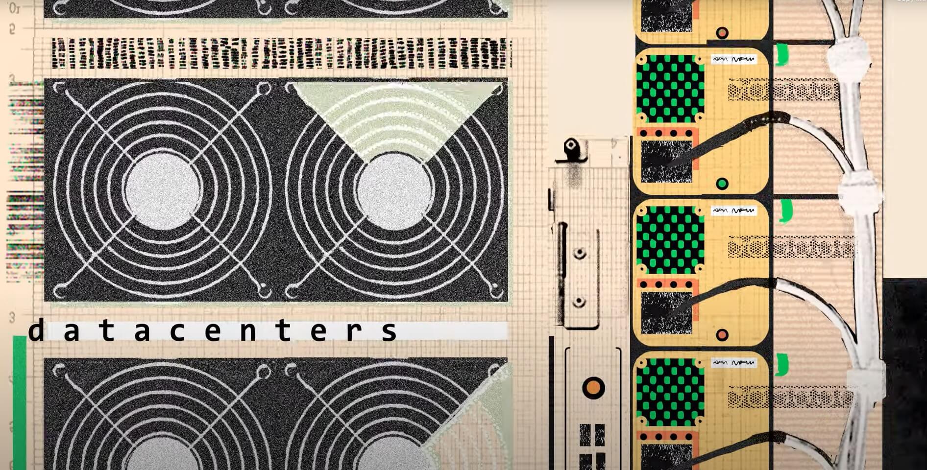 Abstract data center illustration with cooling fans on the left and stylized server stacks on the right.