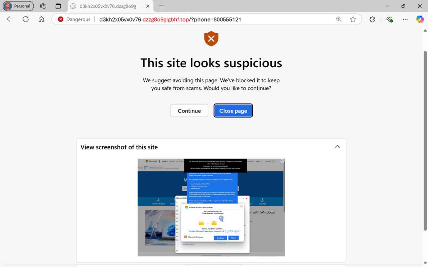 Screenshot of Microsoft Edge displaying a warning page for a suspicious website. The message reads “This site looks suspicious” with options to “Continue” or “Close page.”