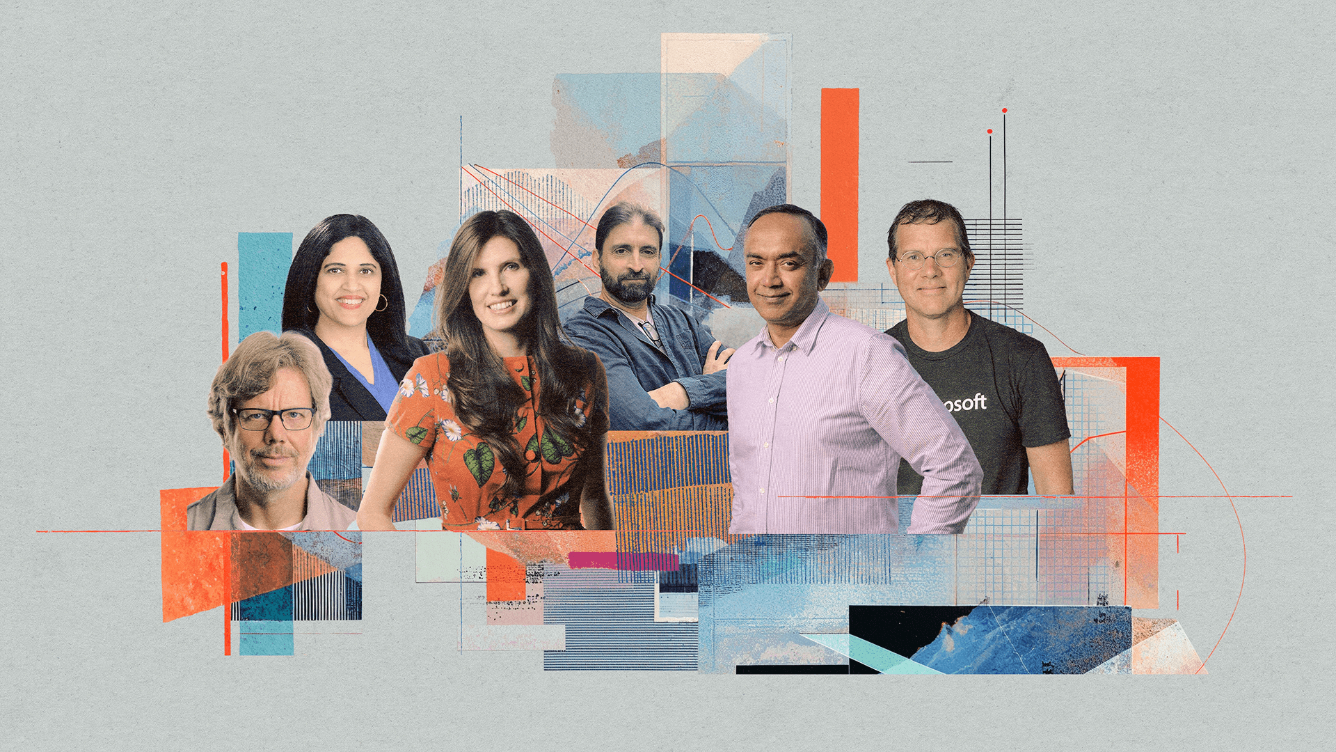 Six professionals stand against a backdrop of data visualizations and geometric shapes, evoking themes of tech and innovation.