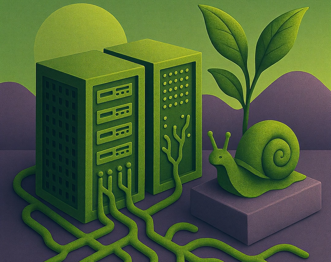 Green server towers with root-like cables, a snail on a purple platform, and a plant under surreal green sky.