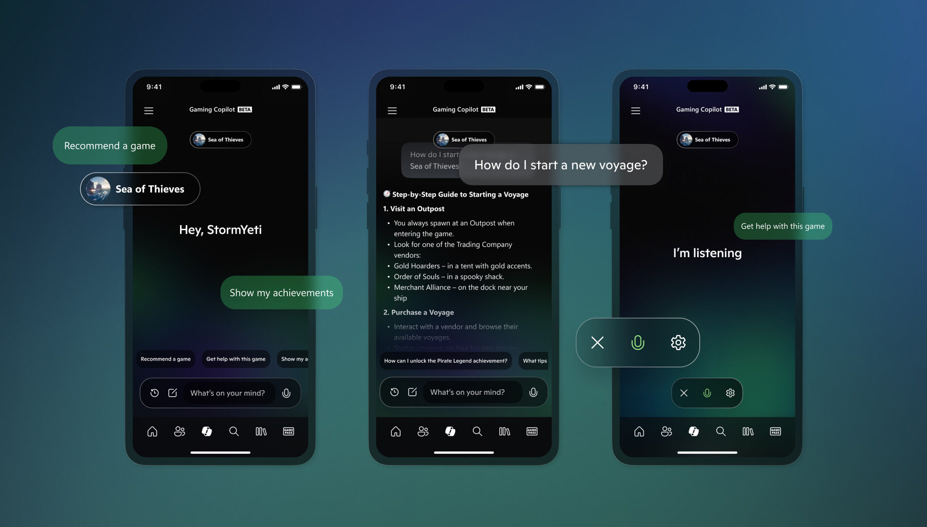Three smartphones displaying the Xbox mobile app with Gaming Copilot, showing game recommendations, voice commands, and real-time help for “Sea of Thieves.”