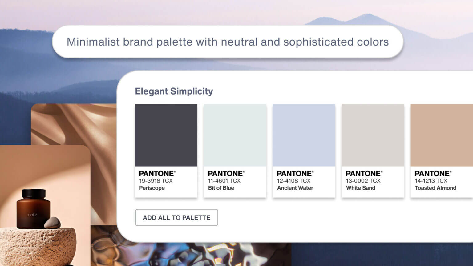 Minimalist brand palette featuring five neutral Pantone colors under the theme “Elegant Simplicity,” with soft textures in the background.