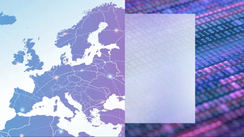 Stylized map of Europe with glowing data points beside a digital background of binary code in blue and purple tones.