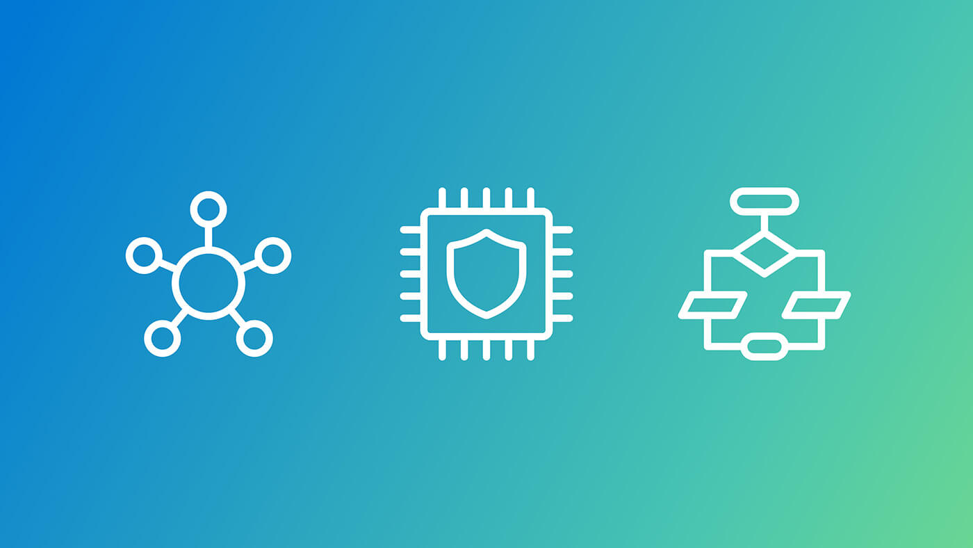 Icons of network, secure chip, and flowchart on a blue-green gradient background.