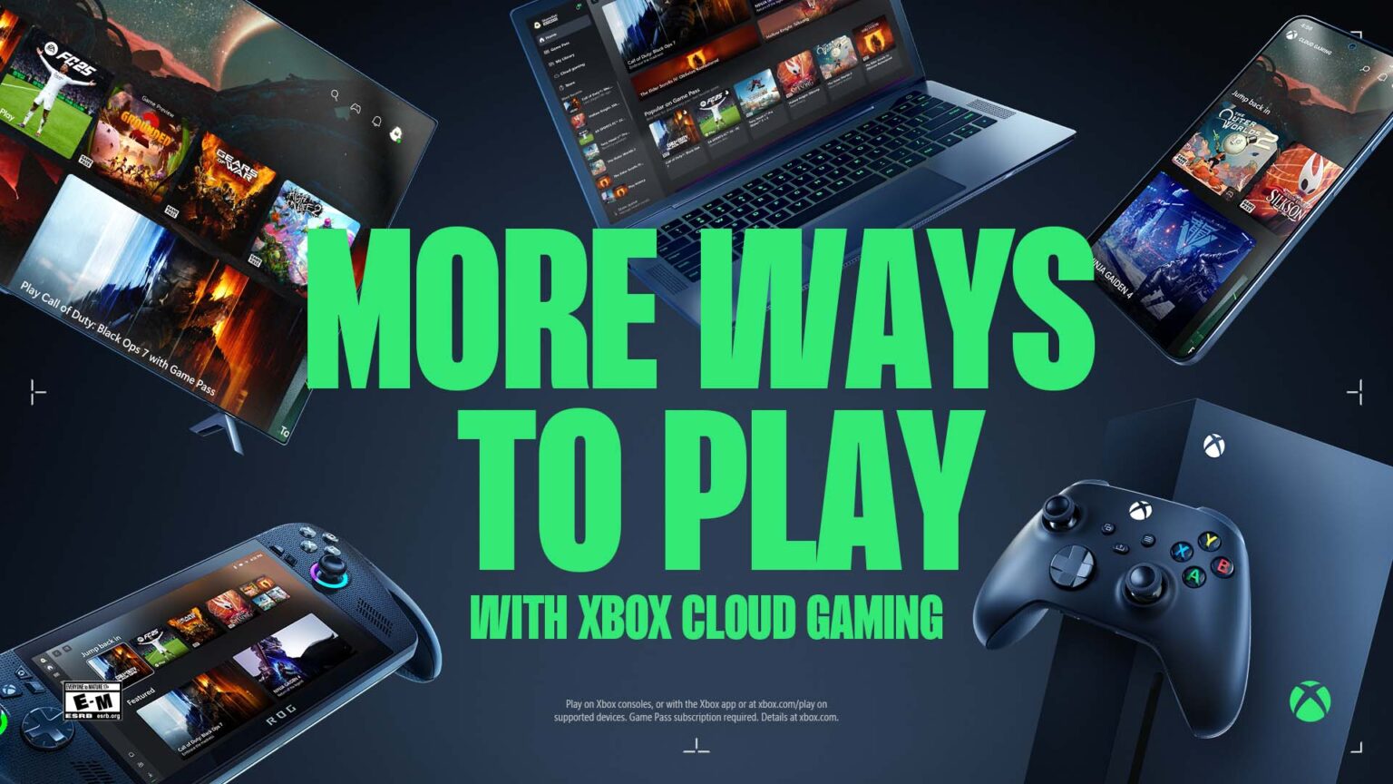 Xbox Cloud Gaming shown on TV, laptop, phone, handheld device, and console with controller under headline ‘More Ways to Play.’