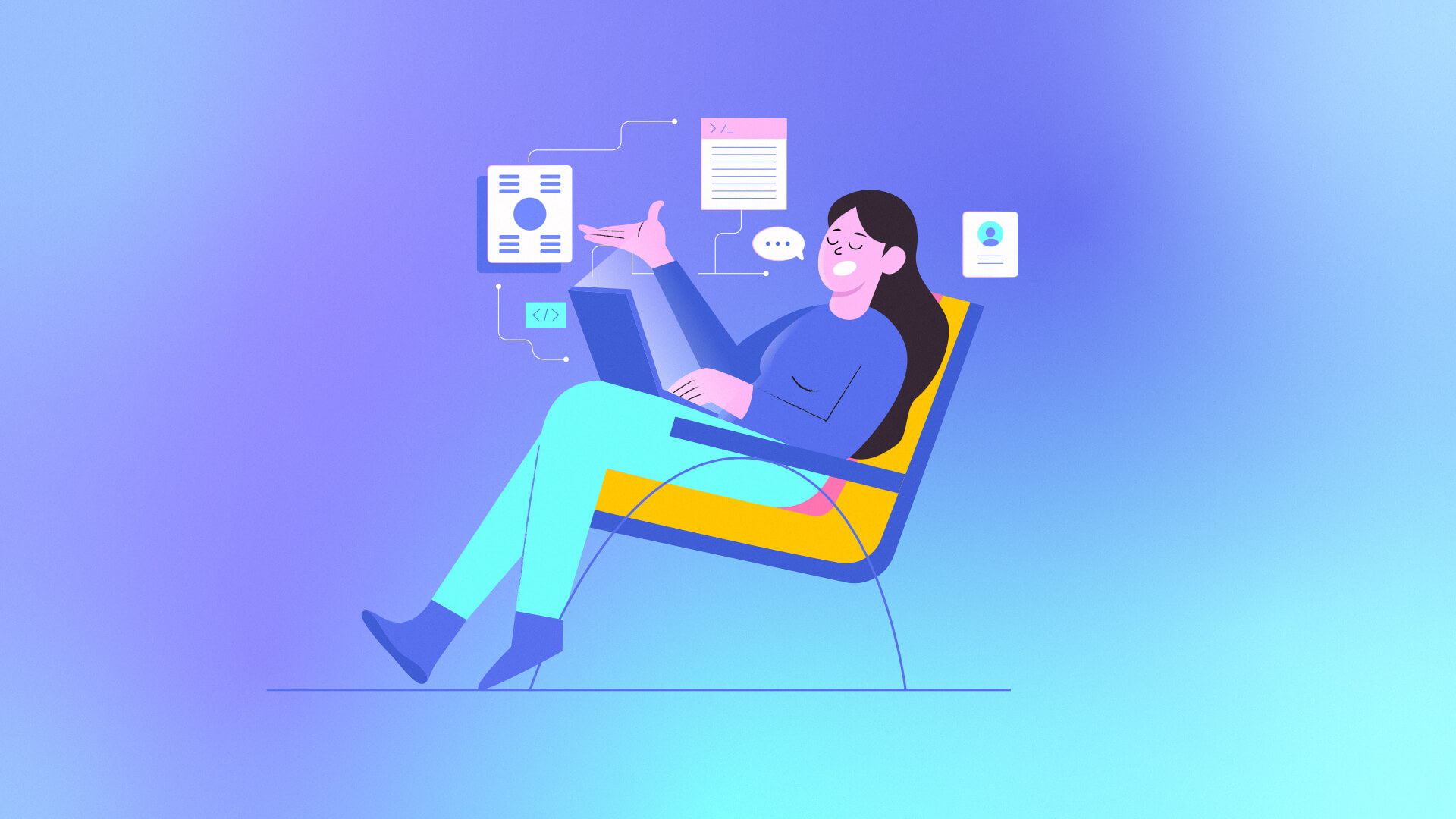 Illustration of a woman sitting in a chair talking, with speech visualized as computer program icons.