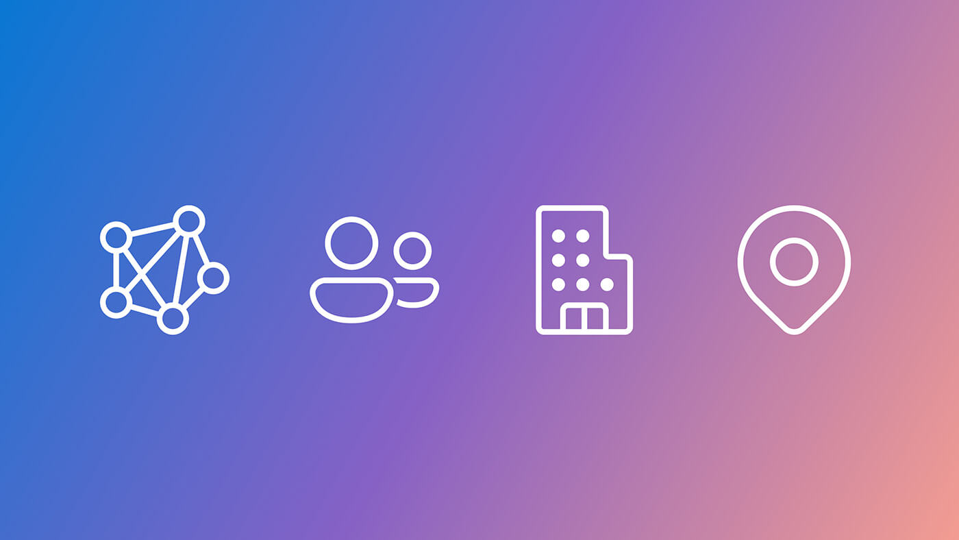 Four white icons—network, people, building, and location pin—are evenly spaced across a blue-to-peach gradient background, representing connectivity, community, business, and place.