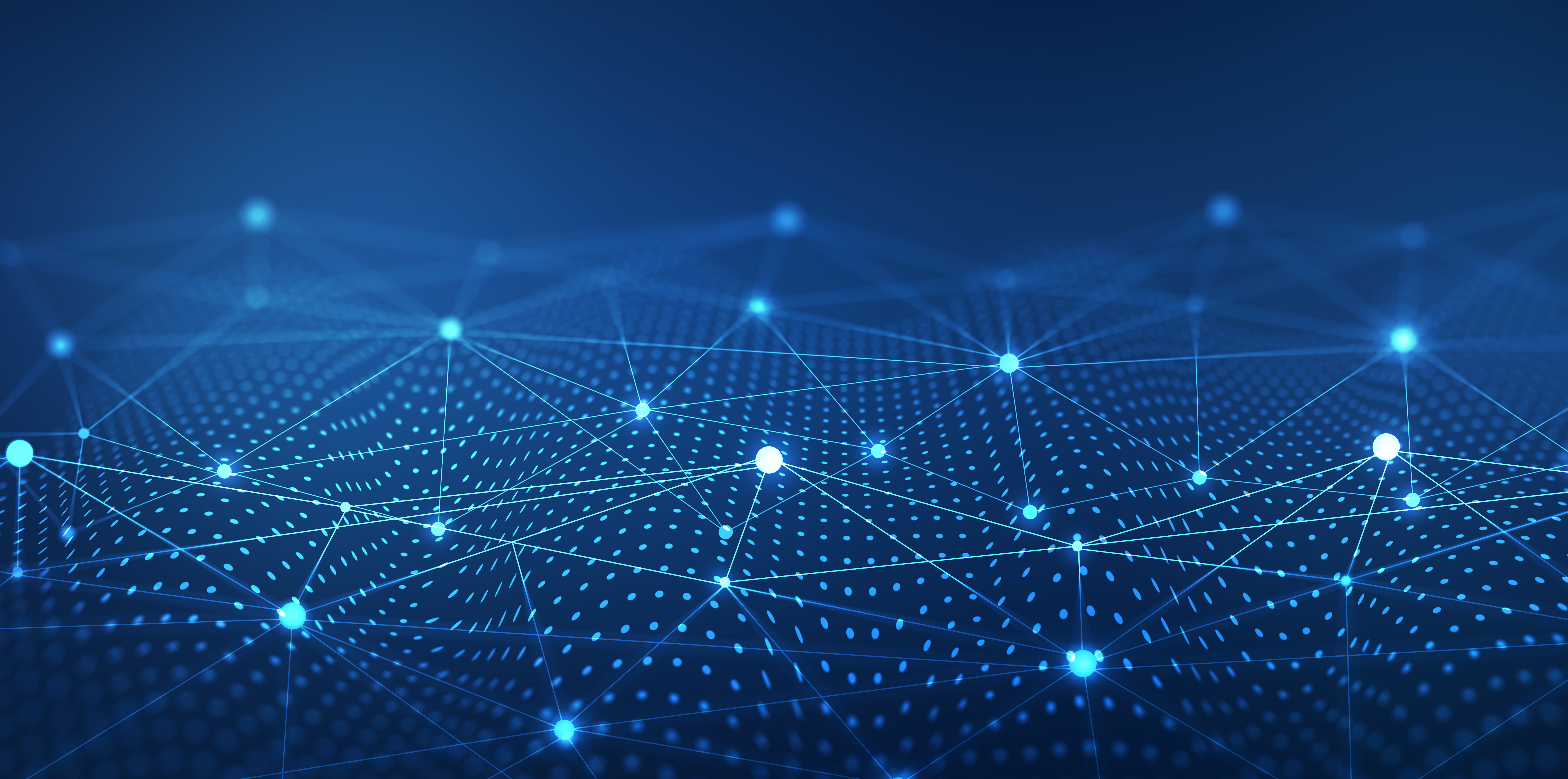 Blue digital network with interconnected nodes and lines.