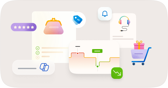 Shopping icons with product cards, price tag, gift box, and chart showing trends.