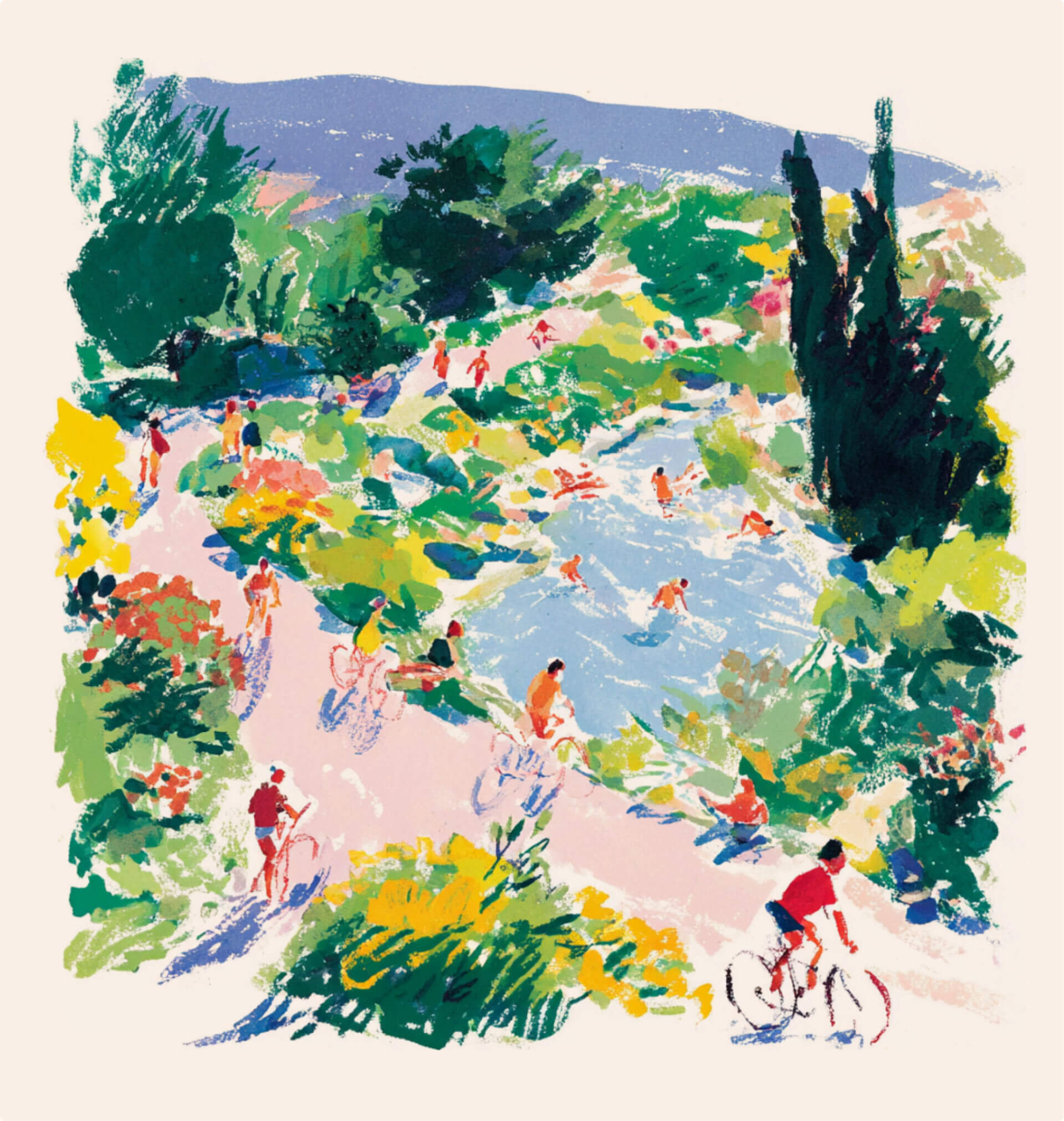 Colorful impressionistic illustration of people biking along a winding path and swimming in a nearby body of water, surrounded by vibrant greenery, flowers, and distant mountains under a blue sky.