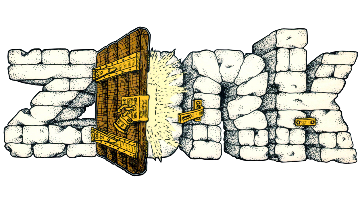 Illustration of the word ‘Zork’ formed by large stone blocks, with a heavy wooden door in the center bursting open, emitting bright light. The door has metal hinges and a latch, suggesting an entryway into an adventure or hidden world.