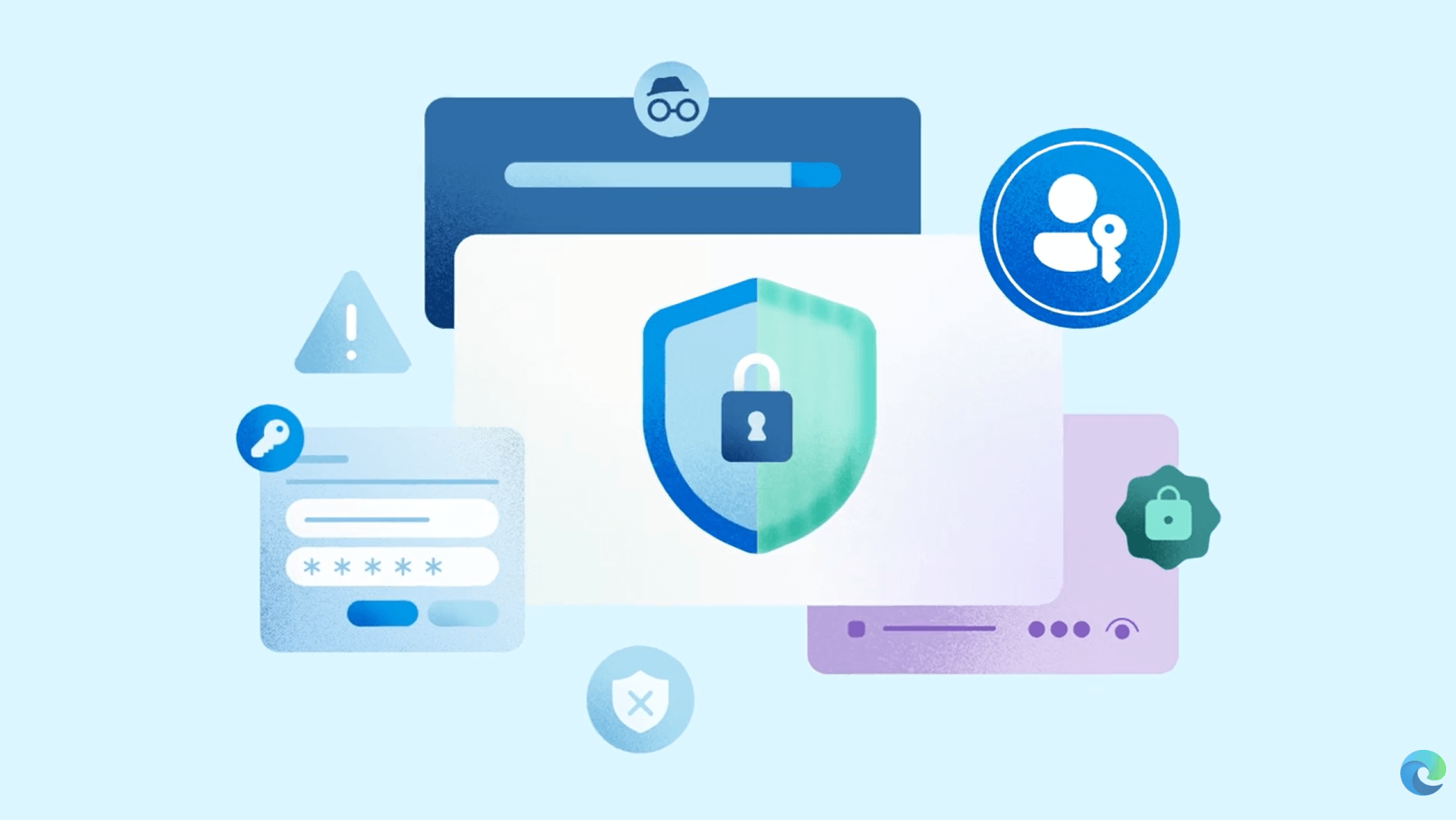 Illustration of cybersecurity icons, including a shield with a padlock, password field, user with key, warning triangle, incognito browser, gear, and verified checkmark—symbolizing secure access and online privacy.