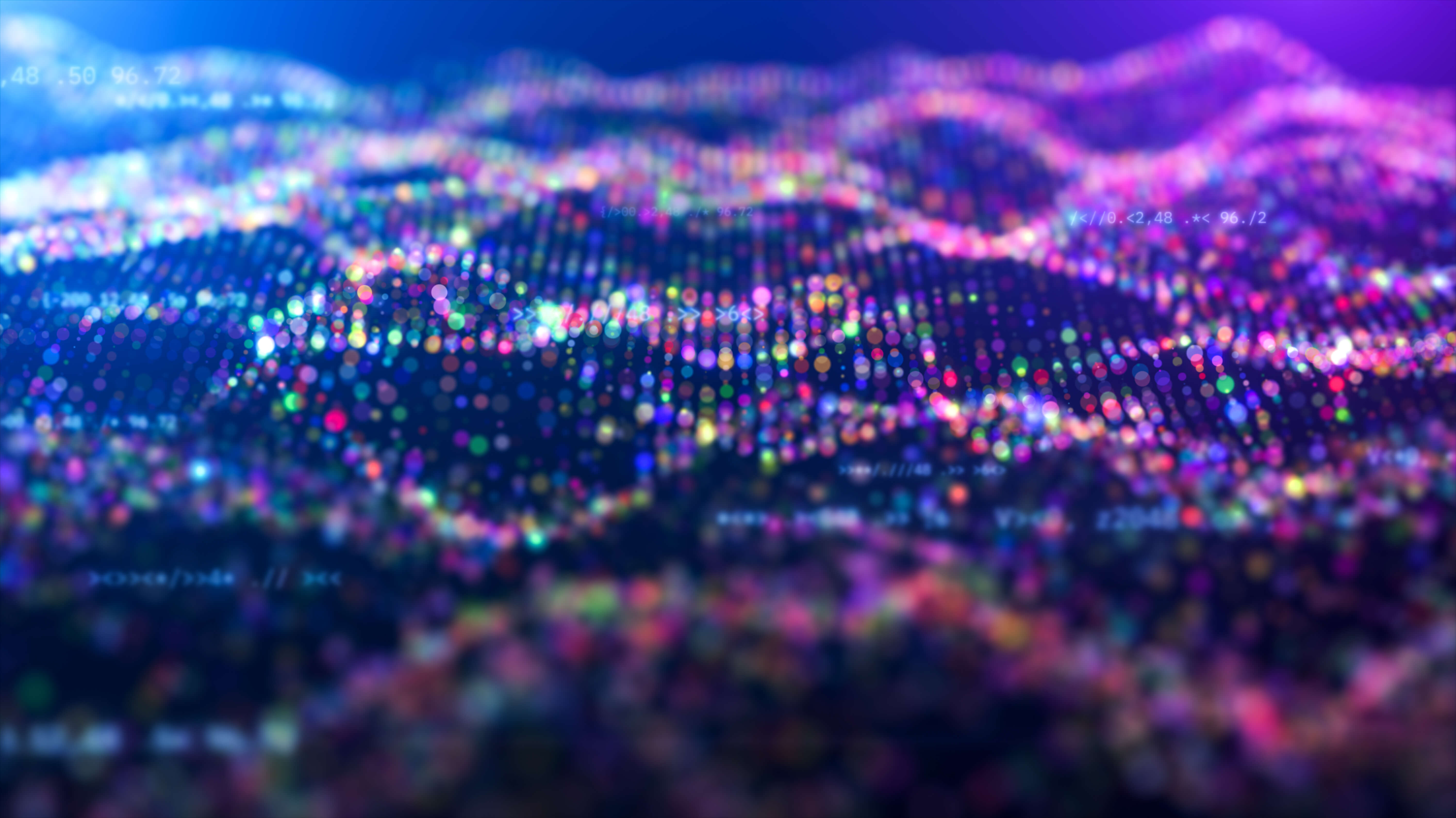 Colorful glowing dots forming wavy grid pattern with scattered numbers on dark background.