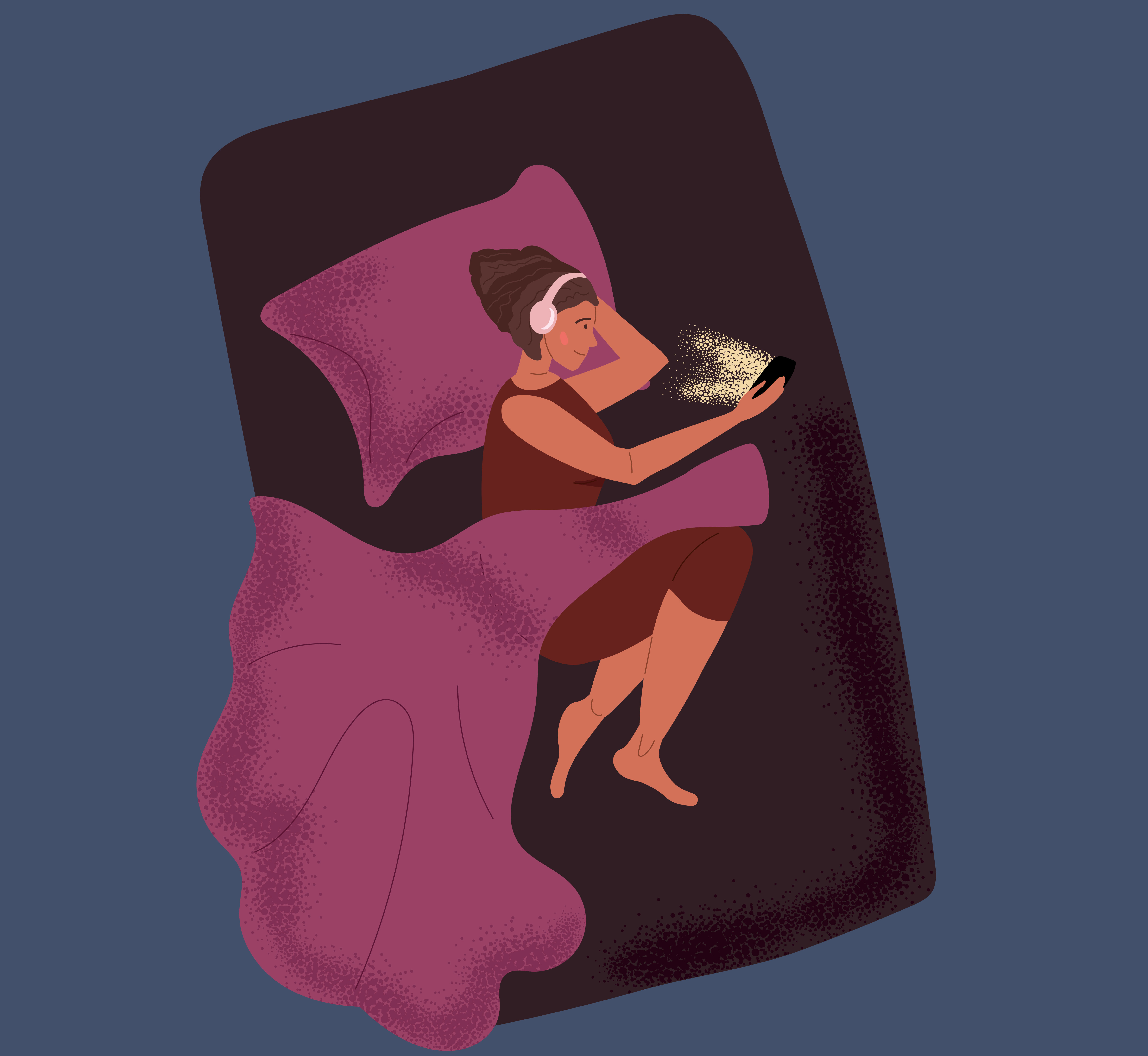 Illustration of a person lying in bed under a purple blanket, wearing headphones, and holding a glowing smartphone against a dark background.