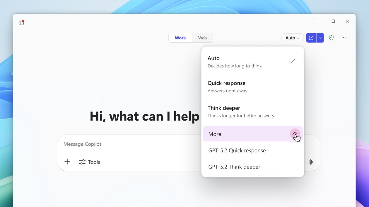 Dropdown menu in Microsoft Copilot showing options for response style, including Auto, Quick response, Think deeper, and GPT‑5.2 modes.