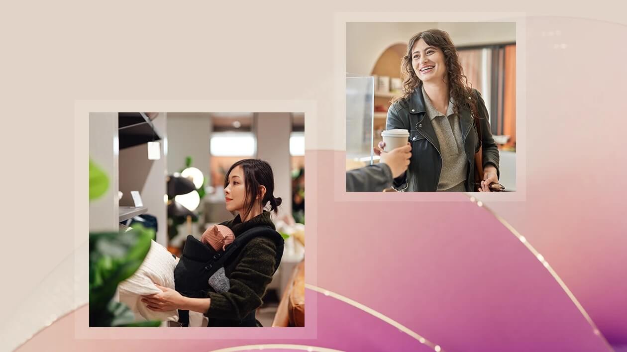 Two separate scenes: one shows a person holding a baby in a carrier while shopping, the other shows someone receiving a coffee cup at a counter.