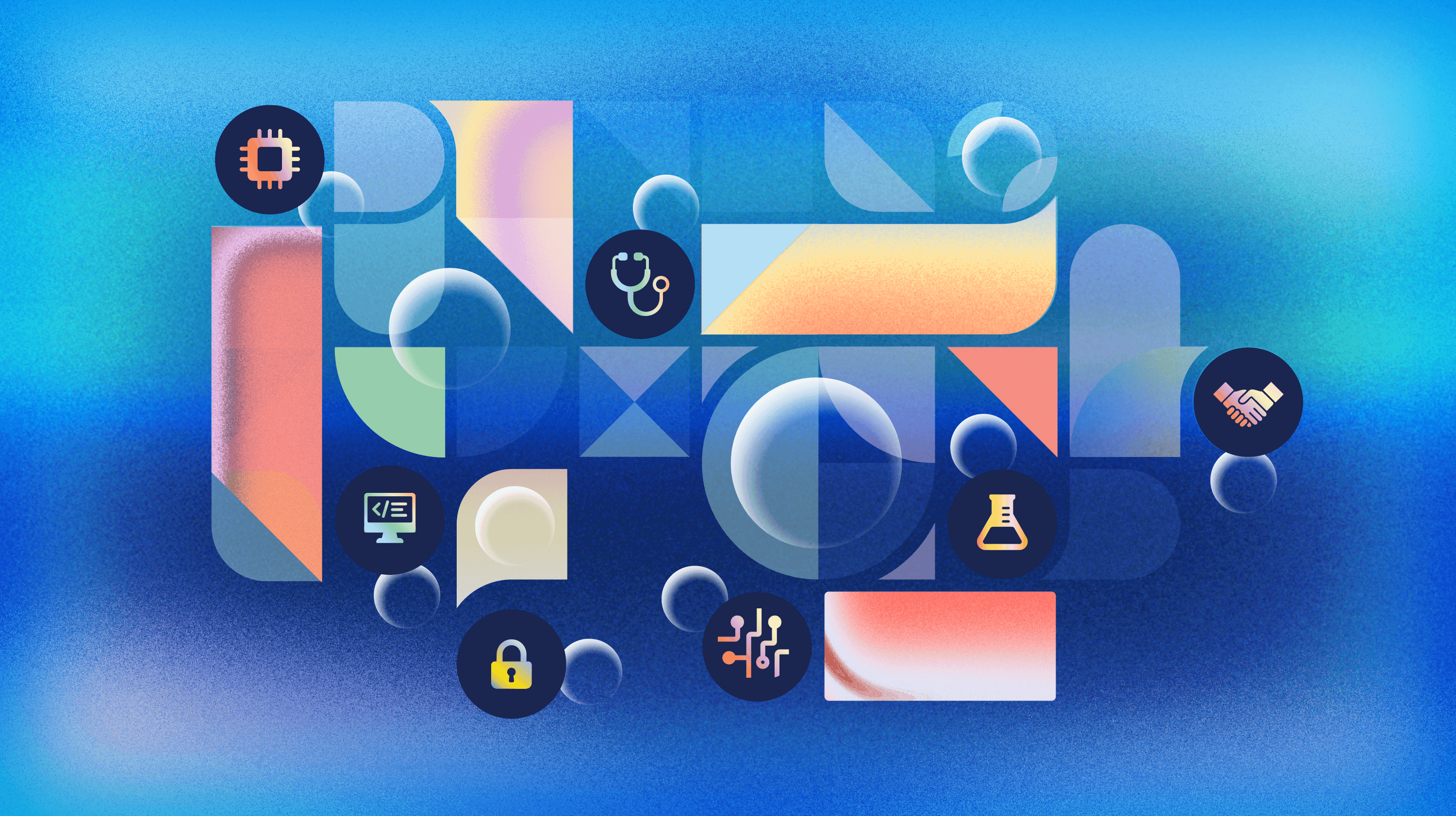 Abstract blue gradient background with geometric shapes and circular icons representing technology themes, including a microchip, stethoscope, handshake, lock, code symbol, and lab flask.