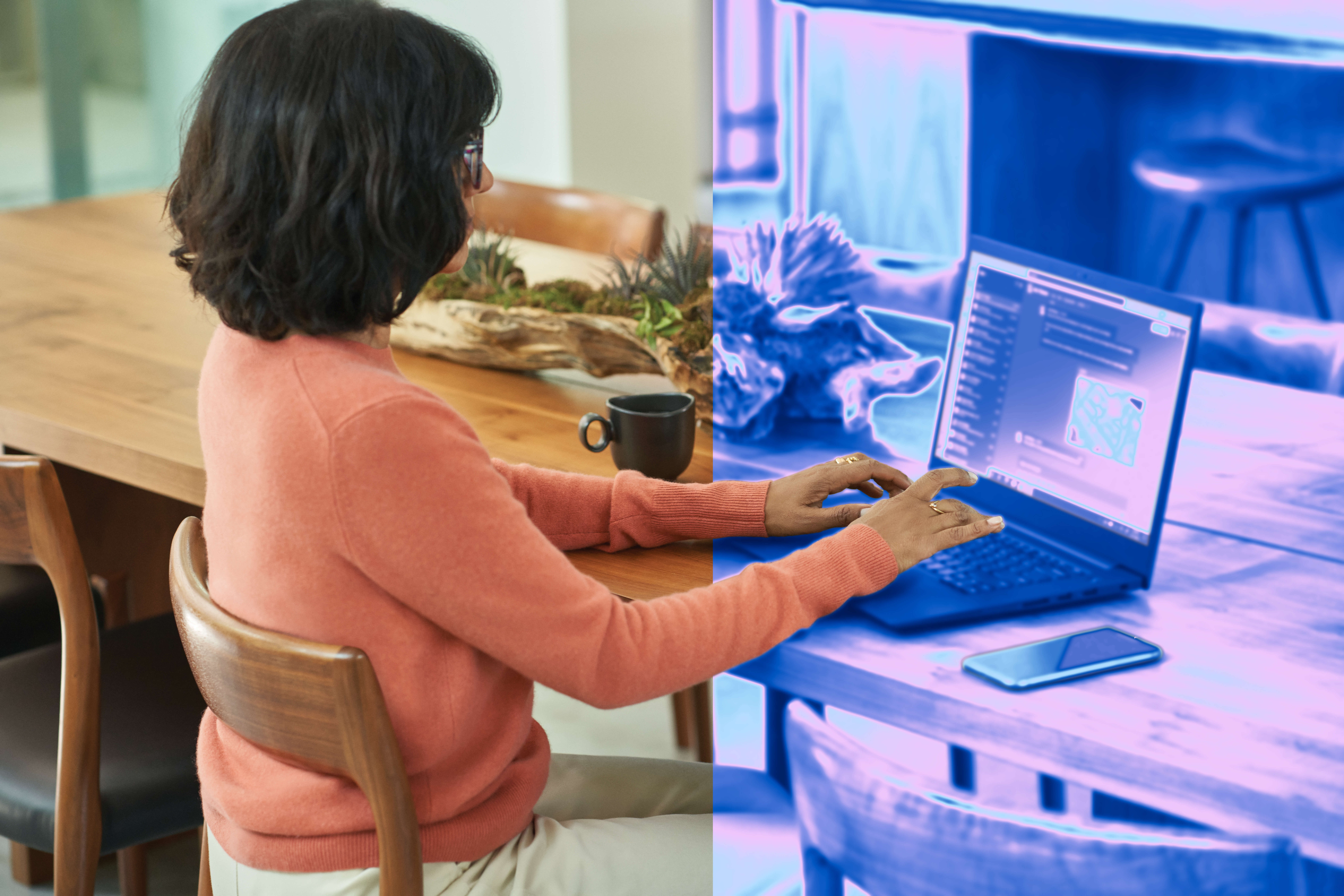 Person typing on a laptop at a wooden table, split image showing normal and blue-tinted security scan effect.