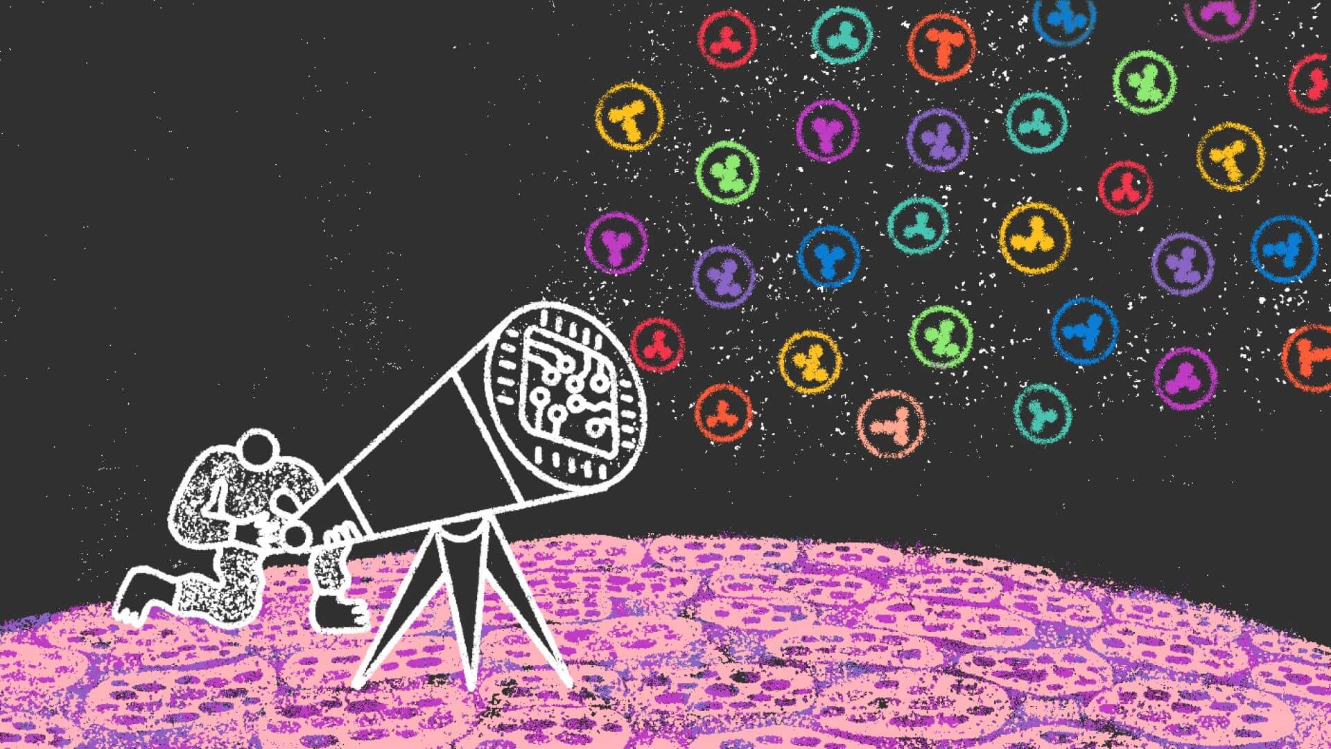 Illustration of person using a telescope with circuit design to view colorful data-like symbols in a dark sky.