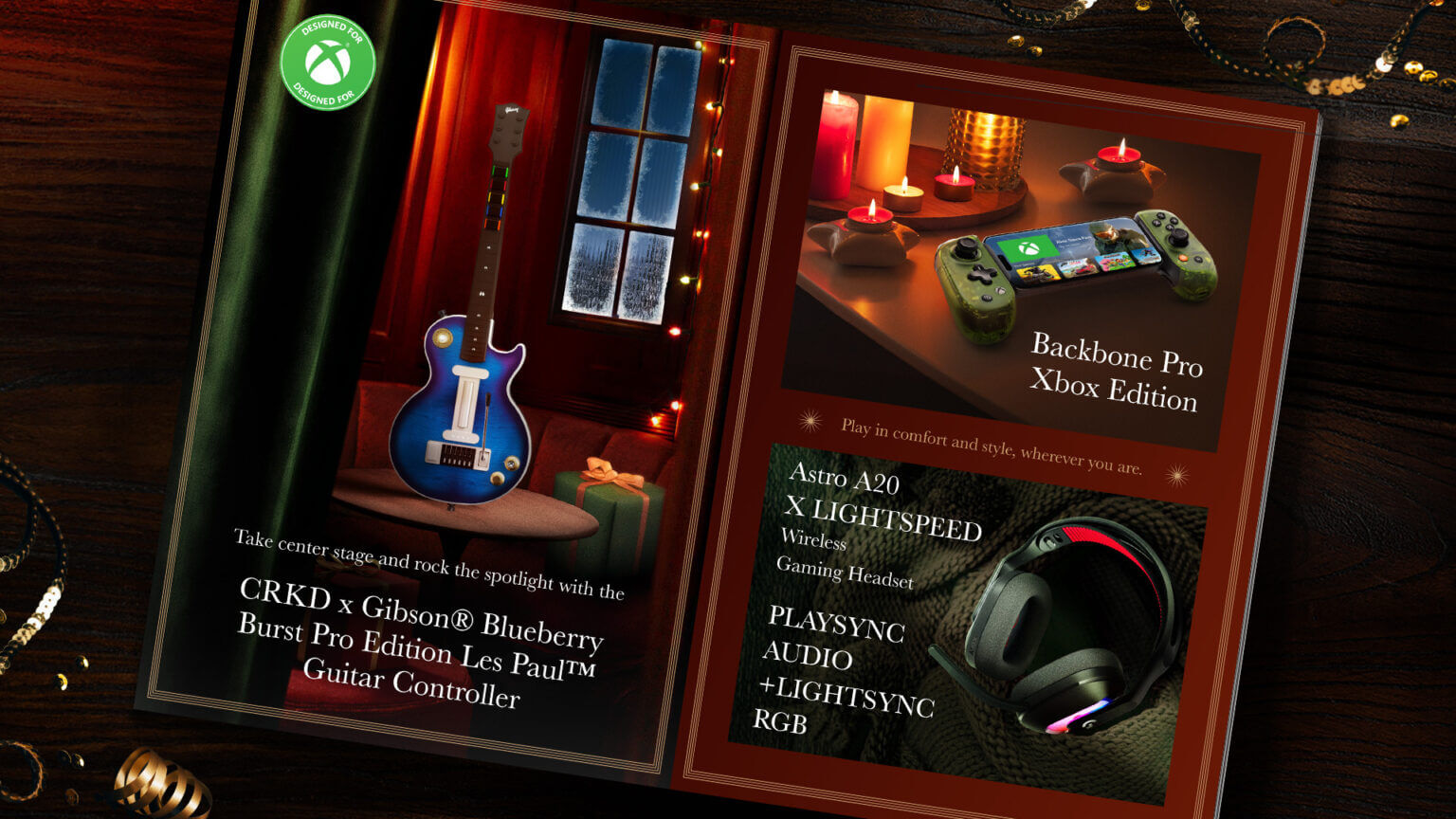 Open holiday gift guide featuring Xbox accessories. Left page shows a blue Gibson Les Paul–style guitar controller with festive lights in the background. Right page highlights Backbone Pro Xbox Edition handheld controller and Astro A20 wireless gaming headset with RGB lighting.