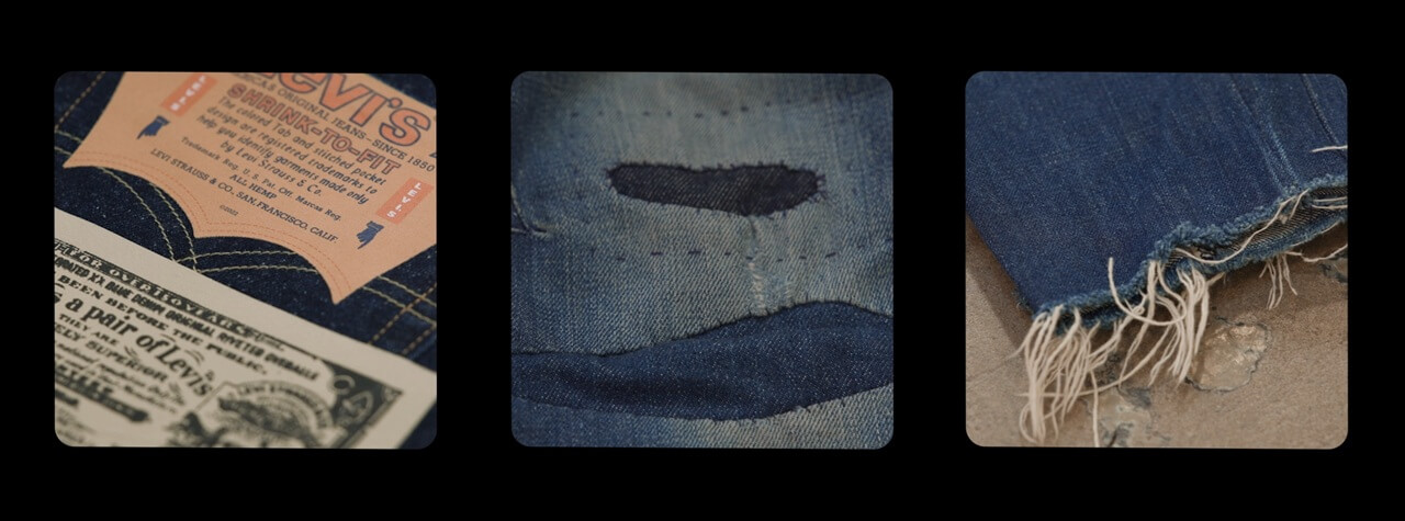 Close-up collage of Levi’s denim details showing a vintage label, stitched patch repair, and frayed hem.