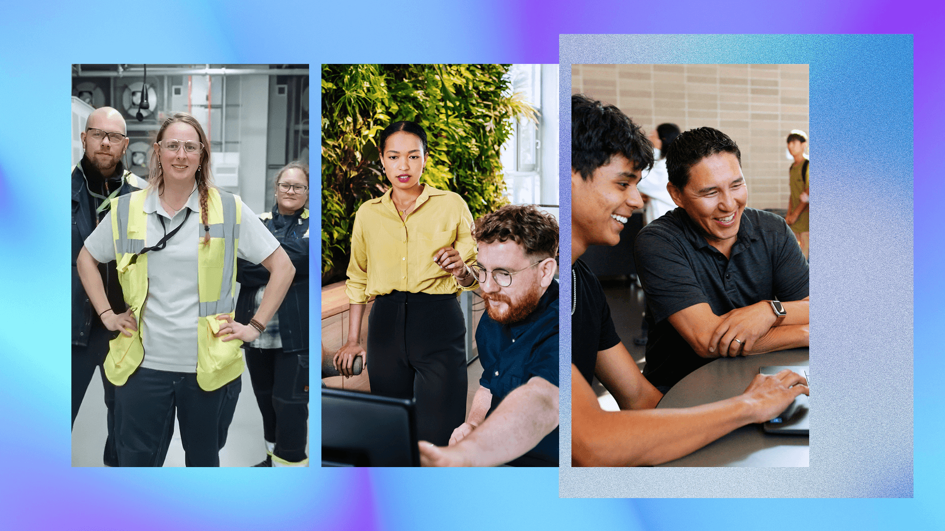 Workers in safety gear and office attire collaborating in datacenter and meeting settings.