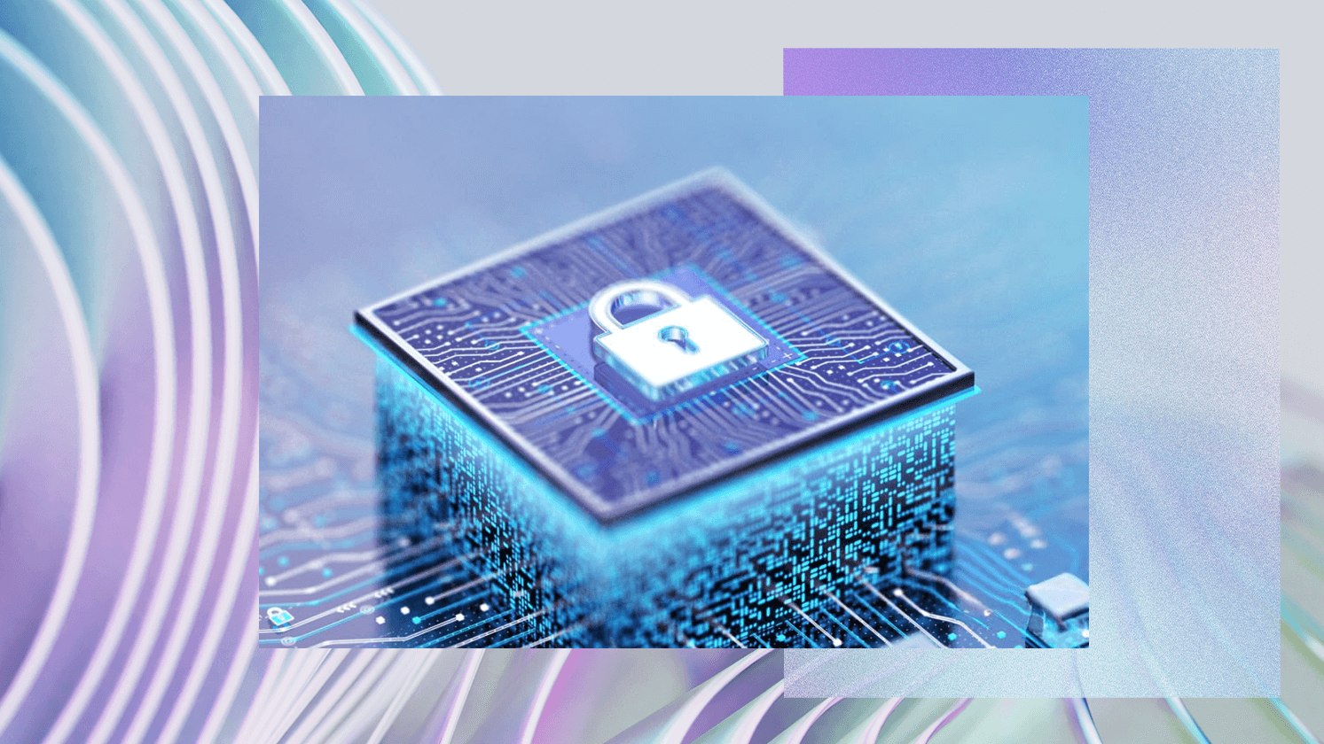 Cybersecurity concept with a lock on a digital circuit chip